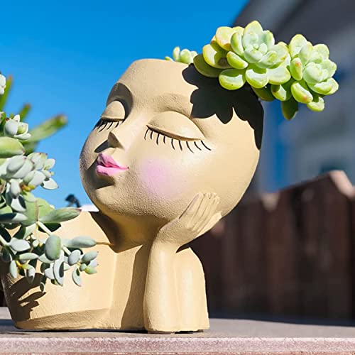 Plant Pots With Drainage Hole - Face Planter Pots For Indoor Outdoor Plants - Office Decor Flower Vase - Girl Head Planter Succulent Pot - Resin Lady Pot Front Porch Decor - Gardening Gifts For Women #TOP4