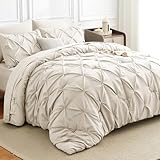 HIMEET King Size Comforter Set Beige - 7 Pieces Pintuck Bed in a Bag, Pinch Pleat Modern Room Decor, All-Season Soft Bedding Gift with Comforter, Sheets, Pillowcases & Shams