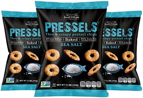 Dream Pretzels Pressels Baked Pretzel Chips, Sea Salt Seasoned, Mini Thin Crisps, Gourmet Snack Bites, Vegan, Low Sodium, Pack of 3 Individual Bags (7.1 oz)