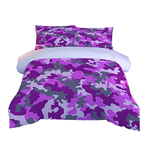 QZDUCN Juego De Ropa De Cama Niña Y Niños Fundas Nordicas 155x220cm /Cama 90/105 Camuflaje Morado 3D Juego De Funda De Edredón Microfibra Cremallera Funda Nórdica Y 2 Funda De Almohada