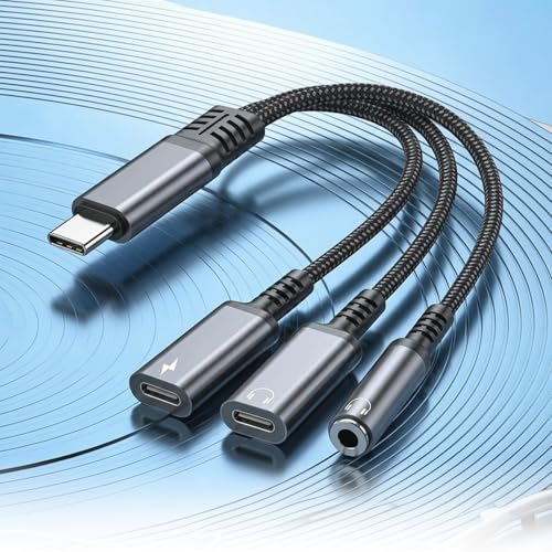 Aiivioll Adapter USB-C 3 w 1 do gniazda słuchawkowego 3,5 mm, który łączy w sobie trzy funkcje w jednym urządzeniu, audio 3,5 mm, gniazdo słuchawkowe typu C i port ładowania USB C. Obsługuje szybkie