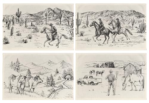 GICHUGI Retro Western Cowboy Placemats Set of 4, Western Table Decor, Farmhouse Western Table Mats Place Mats for Kitchen Dining Table Decoration 12x18 Inch