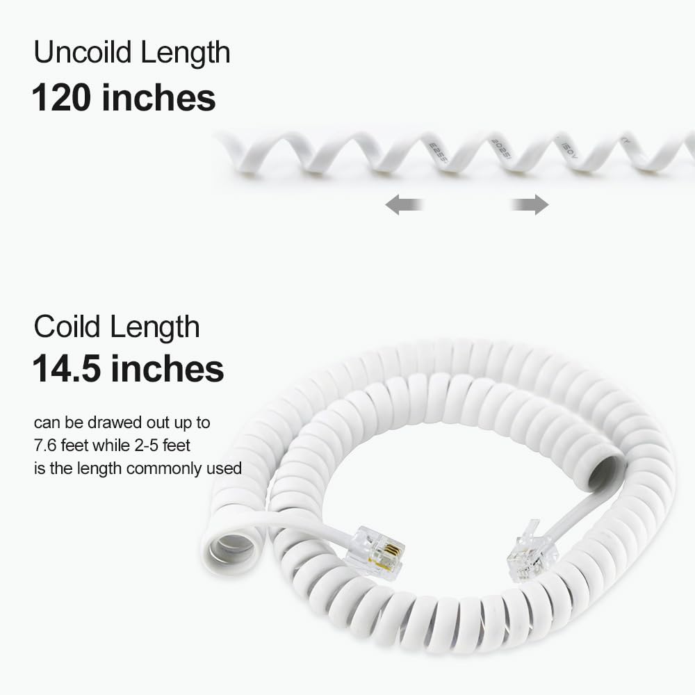 AV04705 Zestaw 2 niezwijanych przewodów telefonicznych 3 m (spiralne 0,4 m) ze złączami RJ9 4P4C do telefonu stacjonarnego, białe, kompatybilne uniwersalnie