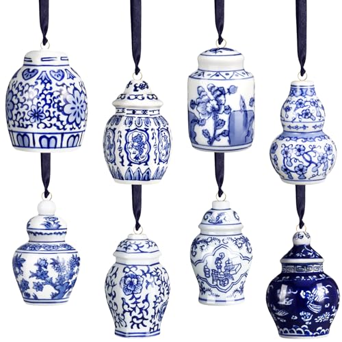 8 Pcs Christmas Chinoiserie Mini Ginger Jar Ornaments, Retro Style