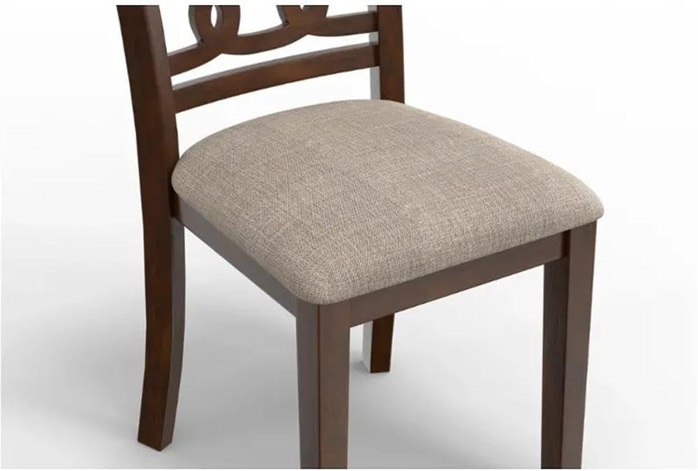 Pemberly Row Cherry Round Dining Table Set, Solid Rubberwood, 47.25 in Diameter, Built-in Shelf, Upholstered Chairs in Light Wheat, 5-Piece Dinette Set for Kitchen or Dining Room