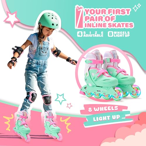 2PM SPORTS Girls Adjustable Illuminating Inline Skates with Light up Wheels, Fun Flashing Beginner Roller Skates for Kids - Green Medium