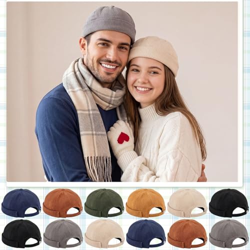 Image of Vabean 12 Pieces Brimless Hat Docker Cap Adjustable Skull Caps for Men Women Rolled Cuff Brimless Beanie Hat, Assorted Color