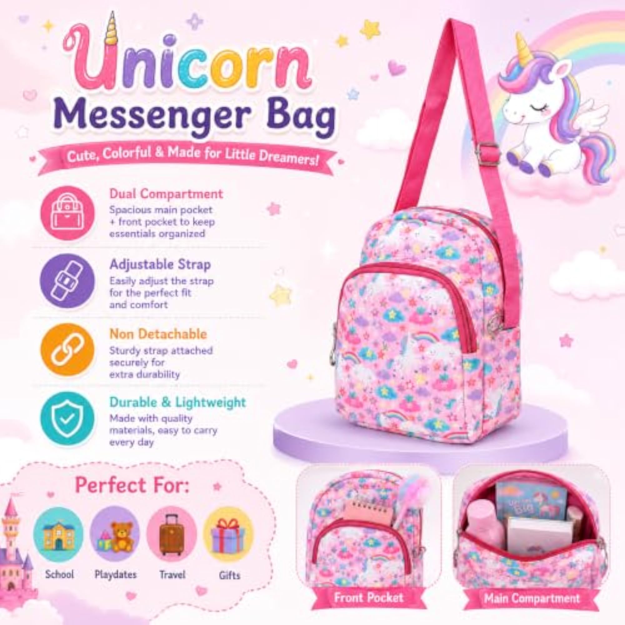 2 Pcs Kids Unicorn Messenger Bag for Girls, Adjustable