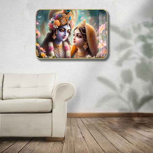 Image of Masstone Radha Krishna Crystal Embedded High Gloss Wall Painting, Golden Slim Frame, 45x30 Cm Wall Art for Living Room, Bedroom, Office & Home Decor (CRG31)