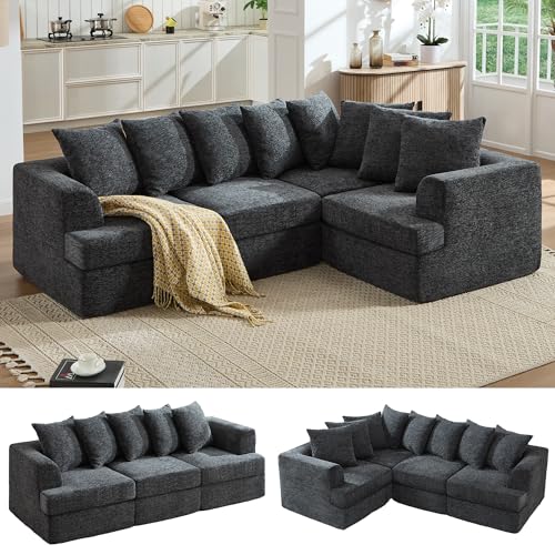 LUXOAK 226cm L-Shaped Chenille Sofa Modern Corner Sofa Couch for Living Room Modular Sectional Sofa with Tool-Free Assembly Deep Seat Lounge Sofa Grey