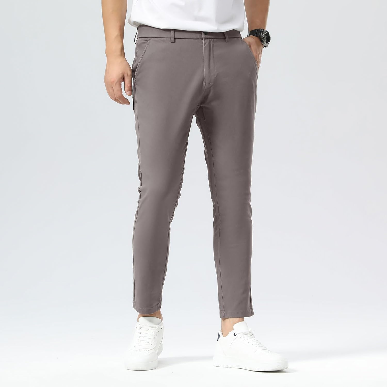 Plaid&Plain Men's Slim Fit Khaki Pants Stretch Cropped Chino Skinny Pants - Image 2