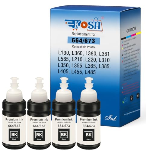 Image of KOSH T673 Refill Ink Compatible for Use in Epson L801, L805, L1800, L800, L810, L850, L1300, L605 Ink Tank Printers - 70 ML Each Bottle (4, Black Pack of 4)