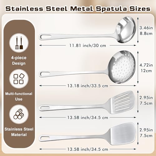 4 Pcs Cooking Utensils Set, Stainless Steel Kitchen Utensils, Heat Resistant Metal Kitchen Tools Include Solid & Slotted Turner Wok Spatula, Serving Spoon, Ergonomic Handle, Easy to Clean, Silver by MemoGem - Image 7