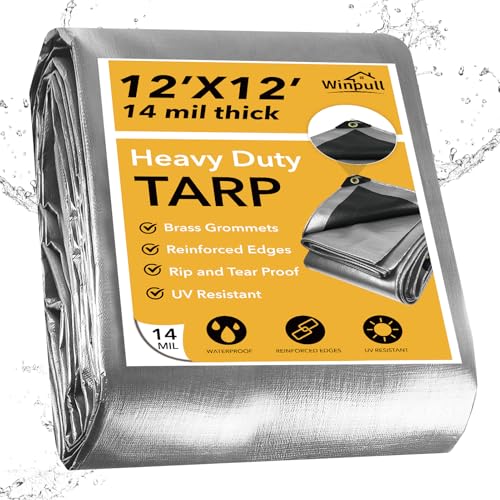 Winpull Tarp 12x12 Feet 14 Mil Heavy Duty Waterproof Tarp Large Multipurpose Cover with Brass Grommets and Reinforced Edges UV Resistant Thick Poly Tarps for Outdoor Camping Tent Pool Car