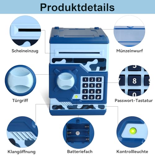 Pup Go Elektronische Spardose für Kinder 3+ Jahre, Sparschwein mit Passwort Automatischem, Kindertresor mit Realistischen Soundeffekten, Große Kapazität Spardose Tresor für Jungen Mädchen (Camo Blau)