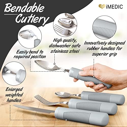 iMedic - Weighted Bendable Cutlery Set- Great for The Elderly, Disabled and Parkinson's Or Tremors Sufferers. 1X Grey Set. (The Knife Does Not Bend)
