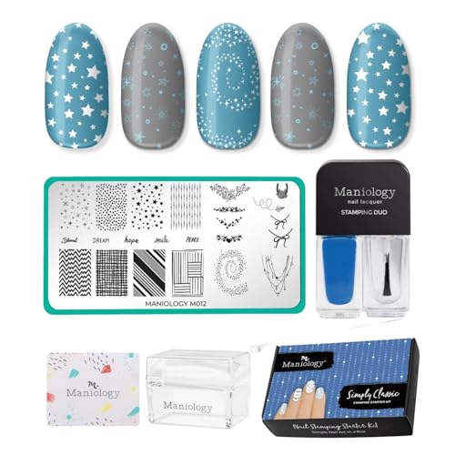 Maniology Nail Stamping Starter Kit (Plate, Polish, Top Coat, Stamper and Scraper Card) (Simply Classic)