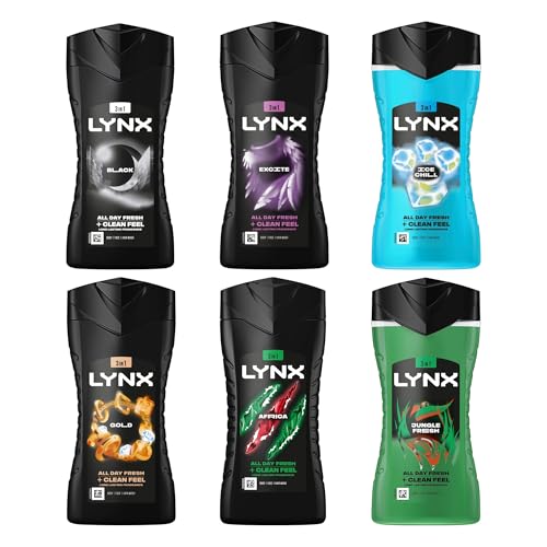 3-in-1 Shower Gel Variety Pack for Body, Face & Hair | Black, Excite, Ice Chill, Gold, Africa & Jungle Fresh | All-Day Fresh & Clean Feel | Men’s Shower Gel Multipack 6 x 225ml