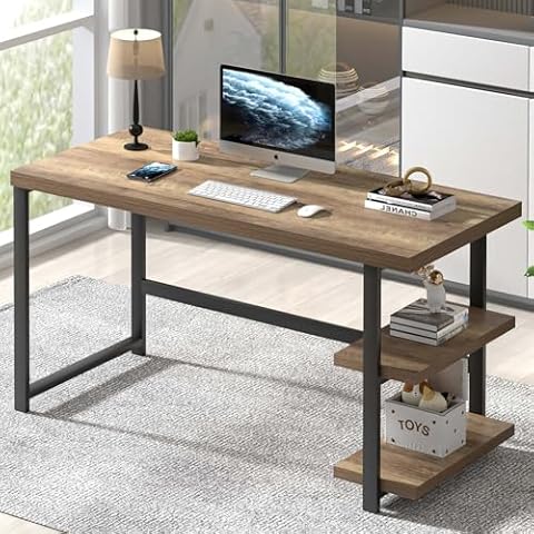FOLUBAN Computer Desk, Modern Home Office Desk with Storage Shelves, Writing Study Gaming Table for Living Room Bedroom, Rustic Oak, 53 Inch Cover
