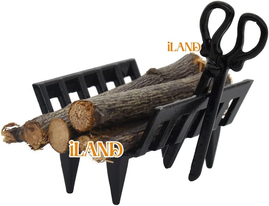 iLAND Dollhouse Furniture and Accessories of Dollhouse Fireplace on 1/12 Scale w/Fire Light & Fireplace Tools & Tong & Firewood Rack (Rococo 4pcs)