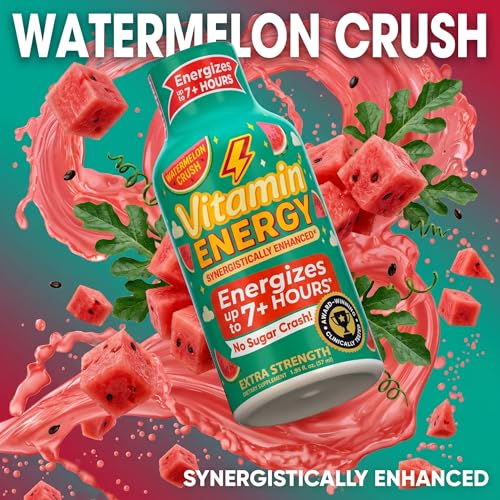Image of Vitamin Energy Watermelon Crush Extra Strength Energy Shot, 12 Pack - Up to 7 Hrs, 260mg Natural Caffeine, Zero Sugar - Green Tea Extract, Immune Support, B12 B6 Niacin, 1.93 fl oz, Keto Vegan
