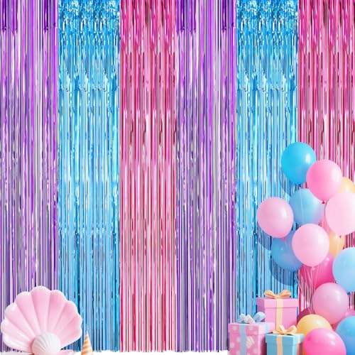 Tingjoo Mermaid Party Decoration, 2 Pack 3.3 x 6.6 ft Foil Curtain Backdrop Blue Purple Pink Metallic Tinsel Foil Fringe Curtains Streamers Photo Prop for Birthday Wedding Party Supplies