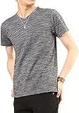 [アーケード] メンズ Tシャツ スラブボーダー 半袖 杢 Vネック カットソー M ブラック(半袖)