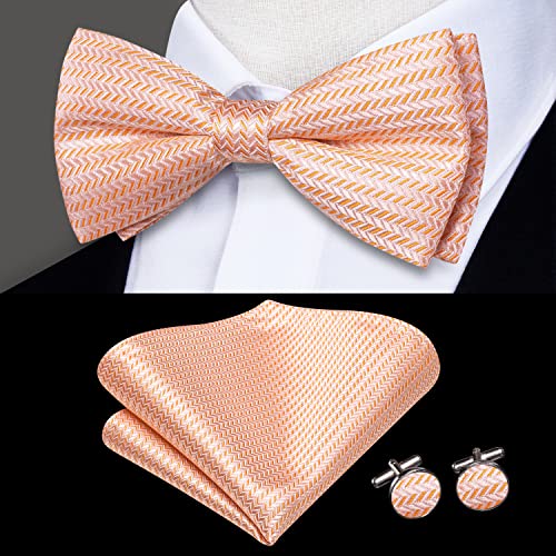 Image of Hi-Tie Coral Orange Bow Ties for Men Party Formal Jacquard Pre-Tied Bowtie with Pocket Square Cufflinks Set, Coral Orange B