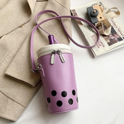 Women Female Polka Dot Milk Tea Cup Bag, Japanese Bucket Shoulder Crossbody Bag, Cute Creative Cylinder Cup Purse With Straw2