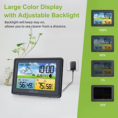 Baldr Weather Station Wireless Indoor Outdoor Thermometer With Large Time Display Moon Phase Weather Forecast Color Digital Temperature Humidity Weather Thermometer(Black) #TOP3