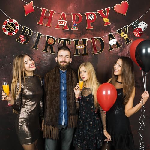 Image of Casino Happy Birthday Banner Casino Theme Birthday Decorations Poker Game Party Banners Garland for Las Vegas Themed Poker Game Night 21st Birthday Party Supplies