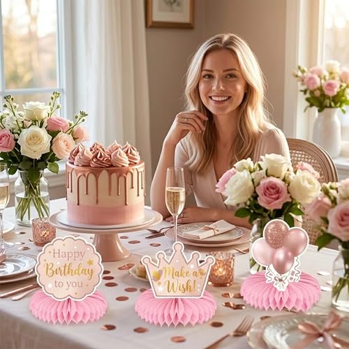 12 Pcs Rose Gold Happy Birthday Honeycomb Centerpieces for Tables Pink 3D Table Decorations Women Girls Party Supplies Cardstock Signs by jenmir - Used condition - Image 8