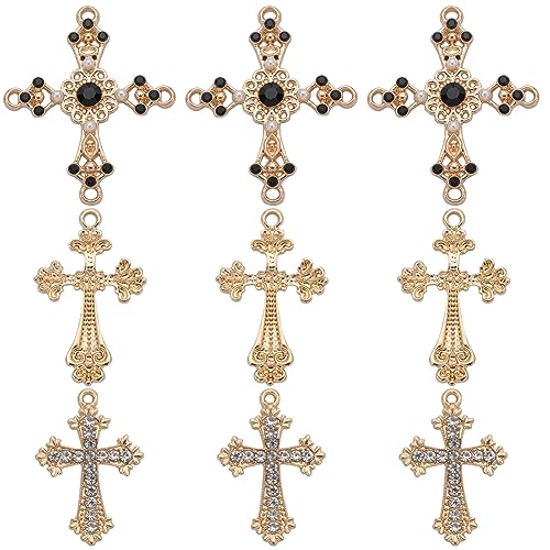 SUNNYCLUE 1 Box 24Pcs Cross Charms Baroque Style Golden Alloy Cross Bead Charms Bulk Rhinestone Micro Pave Cubic Zirconia Crucifix Shaped Charm for jewellery Making Charms DIY Necklace Craft Supplies