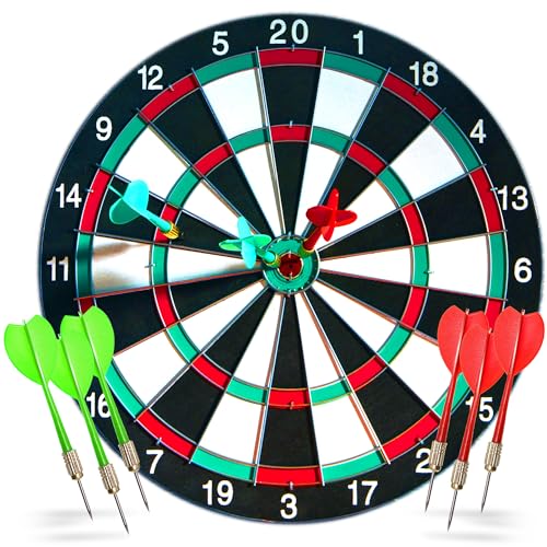 Aishini 17 inch Dart Board Set Double Sided Usable Dartboard with 6 Golden Metal Tip Darts Excellent Indoor Game Party Game and Outdoor Game Darts set with board for Adults & Family Tournament