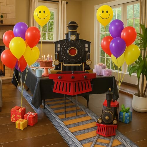 Leinuosen 3 Pcs Express Train Decorations Includes Cardboard Prop and Railroad Track Aisle Carpet with Black Tablecloth for Christmas Express Train Theme Birthday Party Decorations Supplies