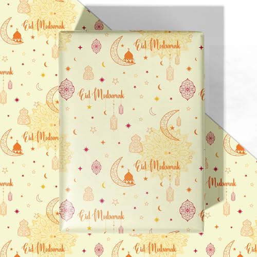 WRAPLULU Eid Wrapping Paper - 4 Jumbo Sheets 28 * 40 Inches - Ramadan Gift Wrap with Eid Mubarak Moons Stars Mosques Perfect for Islam Eid al-Adha Celebrations