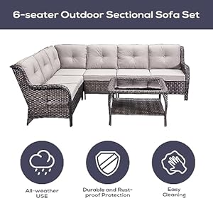 Outdoor Furniture Sectional Sofa L Shaped Couch Patio Wicker Set with Coffee Table 3 Piece Rattan Patio Conversation Sets with Beige Cushion for Deck Backyard Sunroom