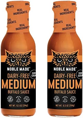 Noble Made by The New Primal, Medium Buffalo Dipping & Wing Sauce, Whole30 Approved, Paleo, Keto, Vegan, Gluten and Dairy Free, Sugar and Soy Free, Low Carb and Calorie, 12 Oz Glass Bottle (2 Count)
