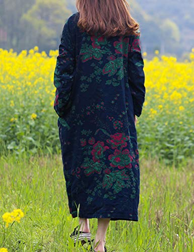 LZJN Women Trench Coat Floral Print Long Jacket with Pockets (Deep Blue) - Thumbnail 4