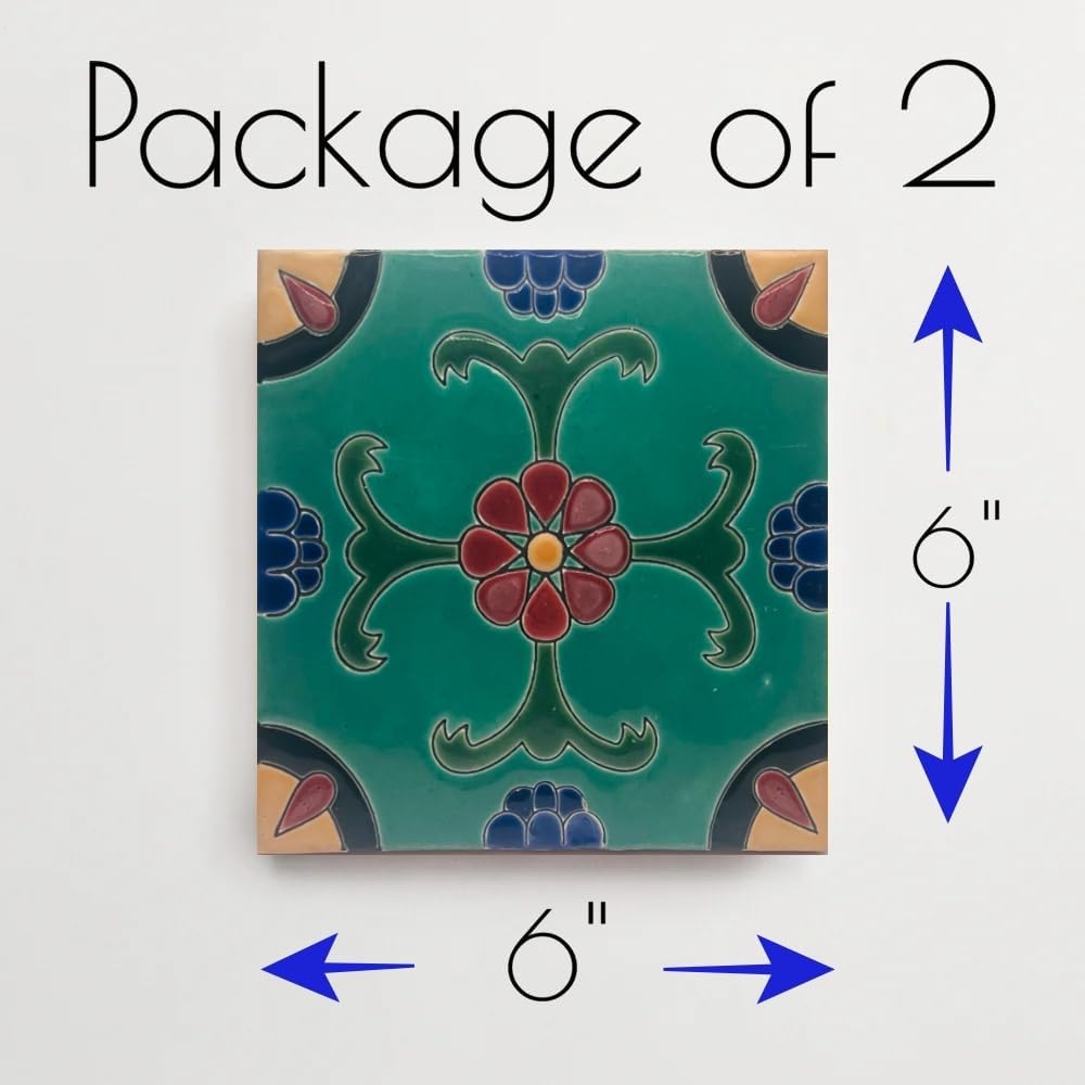 Handmade Ceramic High Relief Tile - Cuerda seca Technique 6"x6" - Unique Artisan Wall Art for Kitchen, Bathroom, and Home Decor Pack of 2 image 3