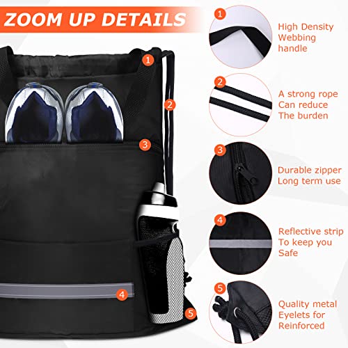 Auruza Drawstring Backpack Bag, Waterproof Black Draw String Back Sack With Zip Pocket Pe Gym Cinch Tote Basketball Soccer String Bags Sackpack Bulk Swim Bag For Men Women #TOP3