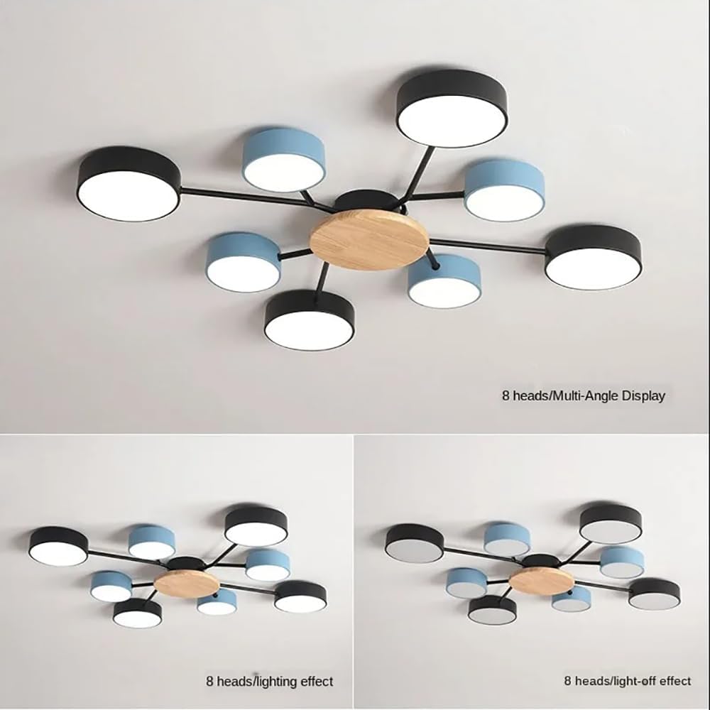 8-Lights LED Ceiling Light Fixture Wooden Ceiling Light Fixtures Flush Mount Indoor Lighting Modern 96W Close to Ceiling Light Sconse for Bedroom Dining Room Living Room 3000K-6000K Selectable Blue