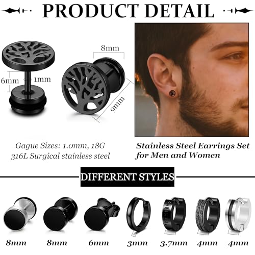 Miniatura 2 de Yadoca 8 Pares Pendientes Hombres Pendientes Negro Para Hombres Acero Inoxidable Hipoalergénico Piercing Oreja Negro Pendientes De Aro Para Hombre Niños, A