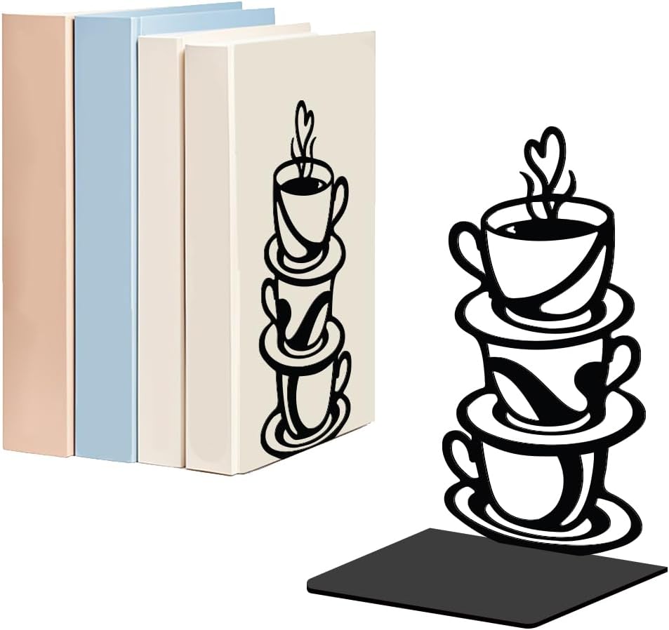 WADORN 1 Pair Coffee Cup & Saucer Metal Decorative Bookend for Shelves, Heavy Duty Book Ends Modern Non-Skid Books Holder Stand Black Book Support Stoppers for Office Desk Bookshelf, 5.3x4.3x7.8 Inch