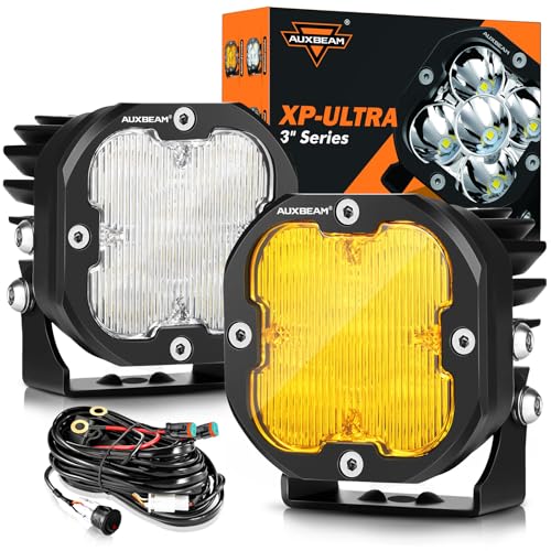 Auxbeam XP-Ultra Series 3 Inch Flood Beam LED Pods, 9600LM White Offroad Driving Lights 120° Wide Flood Lights 80W Fog Ditch Light Bar with White Amber Light Covers, Pair XP-Ultra 3 Inch Amb