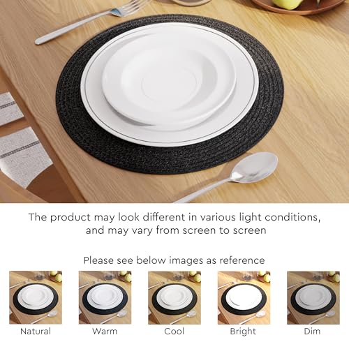Image of Dining Table Mats Set of 4 | Cotton Table Mat 32 cm Diameter, Encasa XO Washable Round Table Mats, Heat Resistance Dining Table Placemats, Handmade Ribbed Style for Centre Table, Black