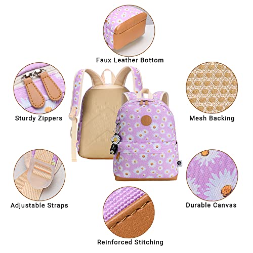 Maidek Daisy Girls Backpack For School - Floral Book Bag With Matching Lunch Bag, Pencil Case & Keychain Tag - Soft Canvas Fabric With Mesh Back - Travel - Set Of 3, Pink #TOP2