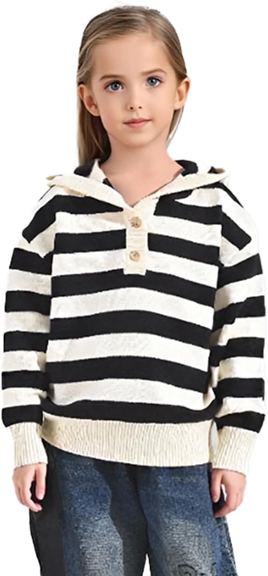 Girl's Long Sleeve Sweaters Semi-Open Hooded Casual Loose Black White Striped