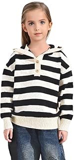 Girl's Long Sleeve Sweaters Semi-Open Hooded Casual Loose Black White Striped