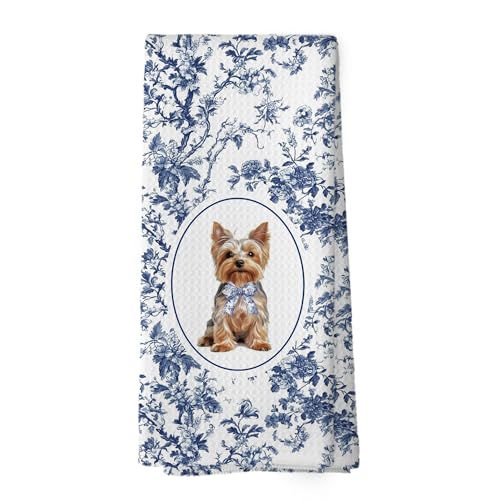 XPH Chinoiserie Bow Yorkshire Terrier Kitchen Dish Towels, Yorkshire Terrier Gifts for Women, Yorkie Gifts, Blue and White Grandmillennial Dog Hand Towels Kitchen Tea Towel Decorations, 16x24inch